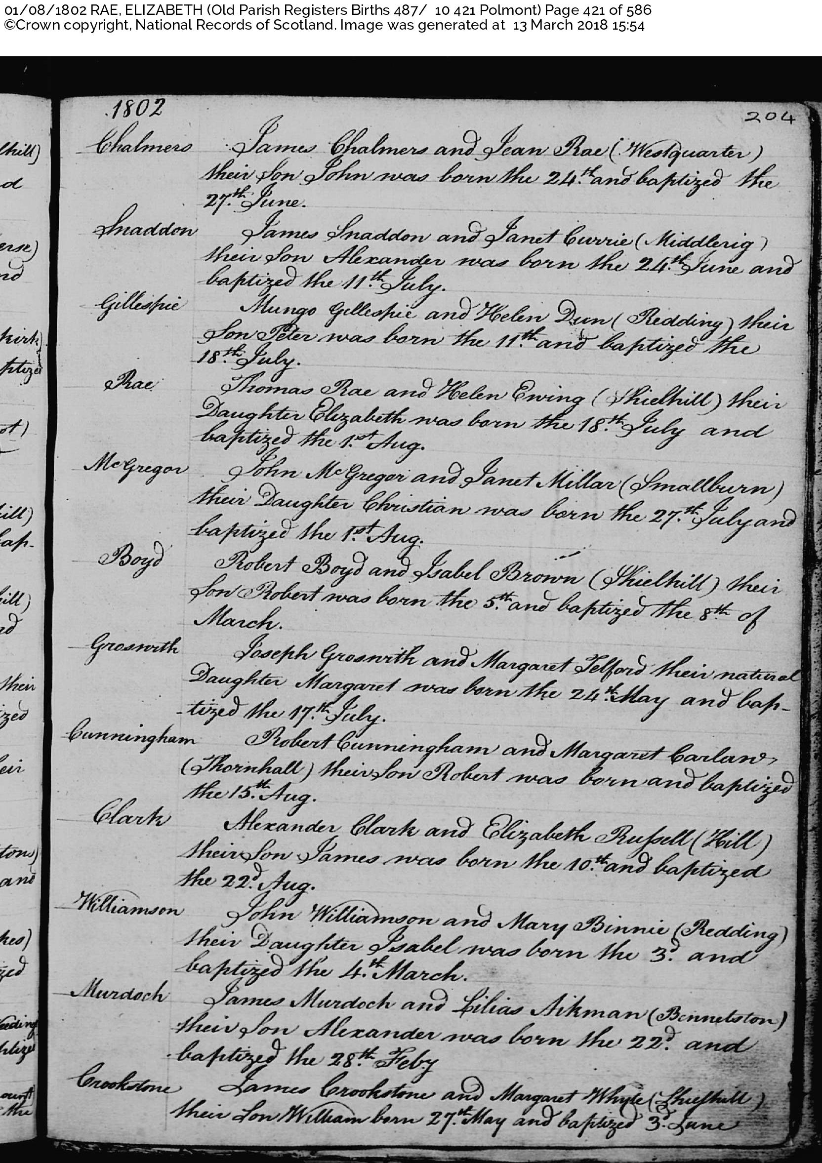 ElizabethRae_B1802 Shieldhill Polmont, July 18, 1802, Linked To: <a href='i1666.html' >Elizabeth Rae</a> and <a href='i1662.html' >Helen Ewing</a> and <a href='i1133.html' >Thomas Rae</a>